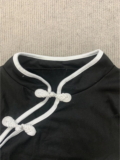Women's Casual Daily Fashion Black Embellished Frog Button Fitted Cheongsam Style Crop Top 2026