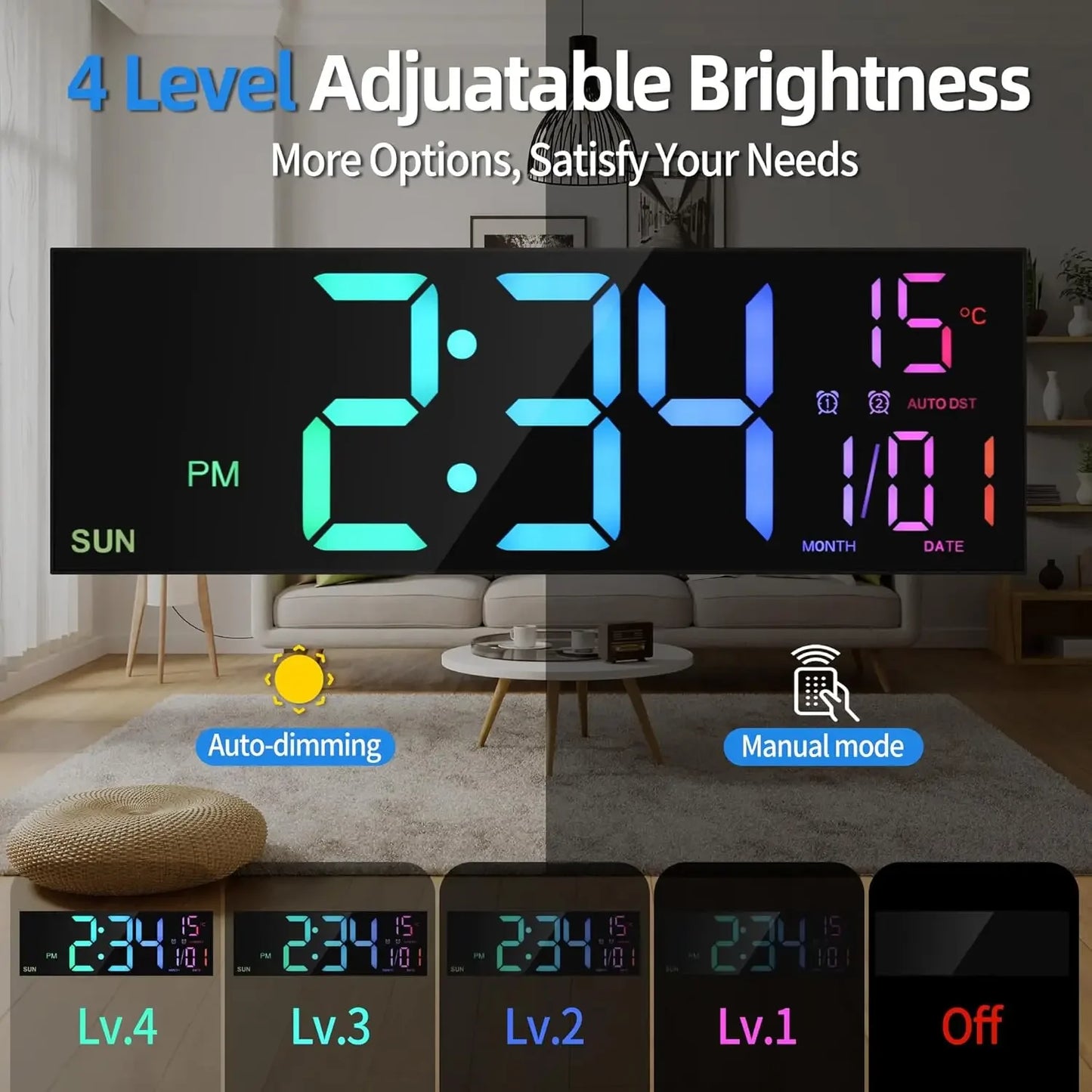 Large Digital Wall Clock - 162 LED with Remote Dual Alarm  RGB Colors