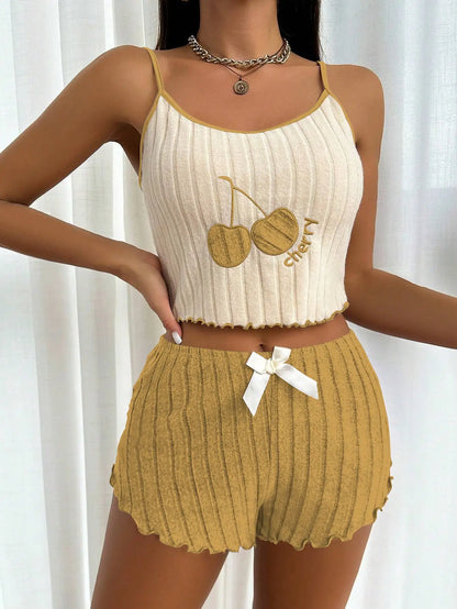 New Womens Summer Brushed Pajama Set Cute Y2K Embroidered Cherry Ribbed Cami Top Ruffle Shorts Two Piece Loungewear Sleepwear
