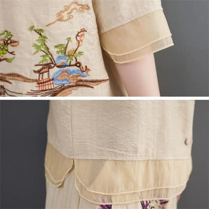 Spring Summer Women Leisure Large Size 5XL 2PCS Middle Aged Mother Mother Cotton Linen Suit 2025 Female Embroidery Two-piece Set