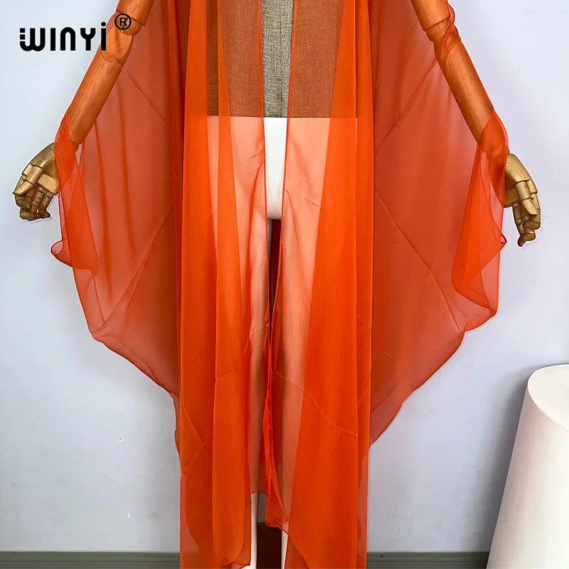 WINYI Beach sexy Cover Ups for Swimwear Women Kimono Swimsuit Cape Summer Dress 2023 Beachwear Monochrome perspective yarn dress