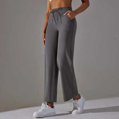 Women Leggings Wide Leg Flare Pants With Pockets Drawstring Sports Trousers High Waist Flared Yoga Leggings Fitness Running Jogg