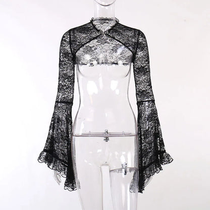 Lace Mall Gothic See Through Shrug Tops Grunge Aesthetic Black Flare Sleeve Crop Top Women Vintage Punk Sexy Clothing