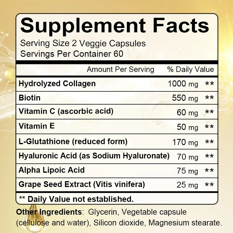 Collagen Biotin Supplement - Hyaluronic Acid Biotin Vitamin C E - Hair Skin Nails Joint Support and Energy Boost Vegan Capsules