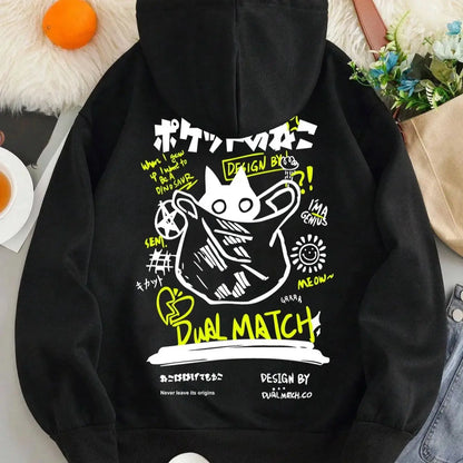 Japan Style Black Cat Hoodie Men Women Outdoor Street Casual Fashion Sport Cartoon Longsleeve Adult Autumn Winter Sweatshirt Top