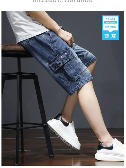 Denim Knee Length Shorts - Casual Loose Fit Multi Pocket Boyfriend Style Jeans
