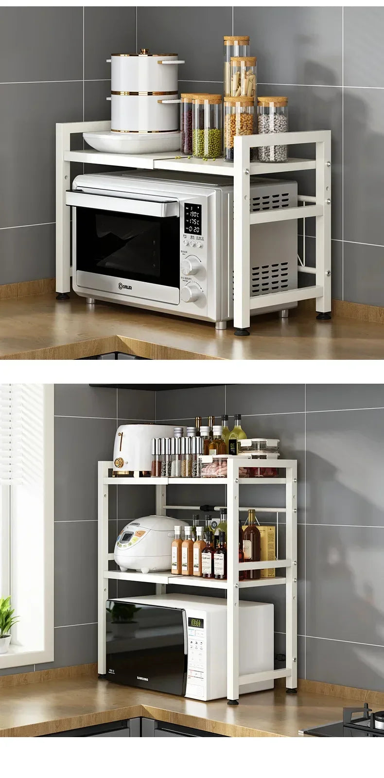 Retractable Kitchen Shelf Microwave Rack Oven Rack Rice Cooker Rack Storage Household 2 Layer Seasoning Storage Rack Holder