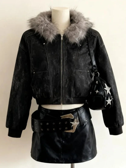 Subculture Gothic Women Coats with Hoodies Vintage Korean Harajuku Black Jackets Faux Fur Coat Female Loose Casual Sweatshirt