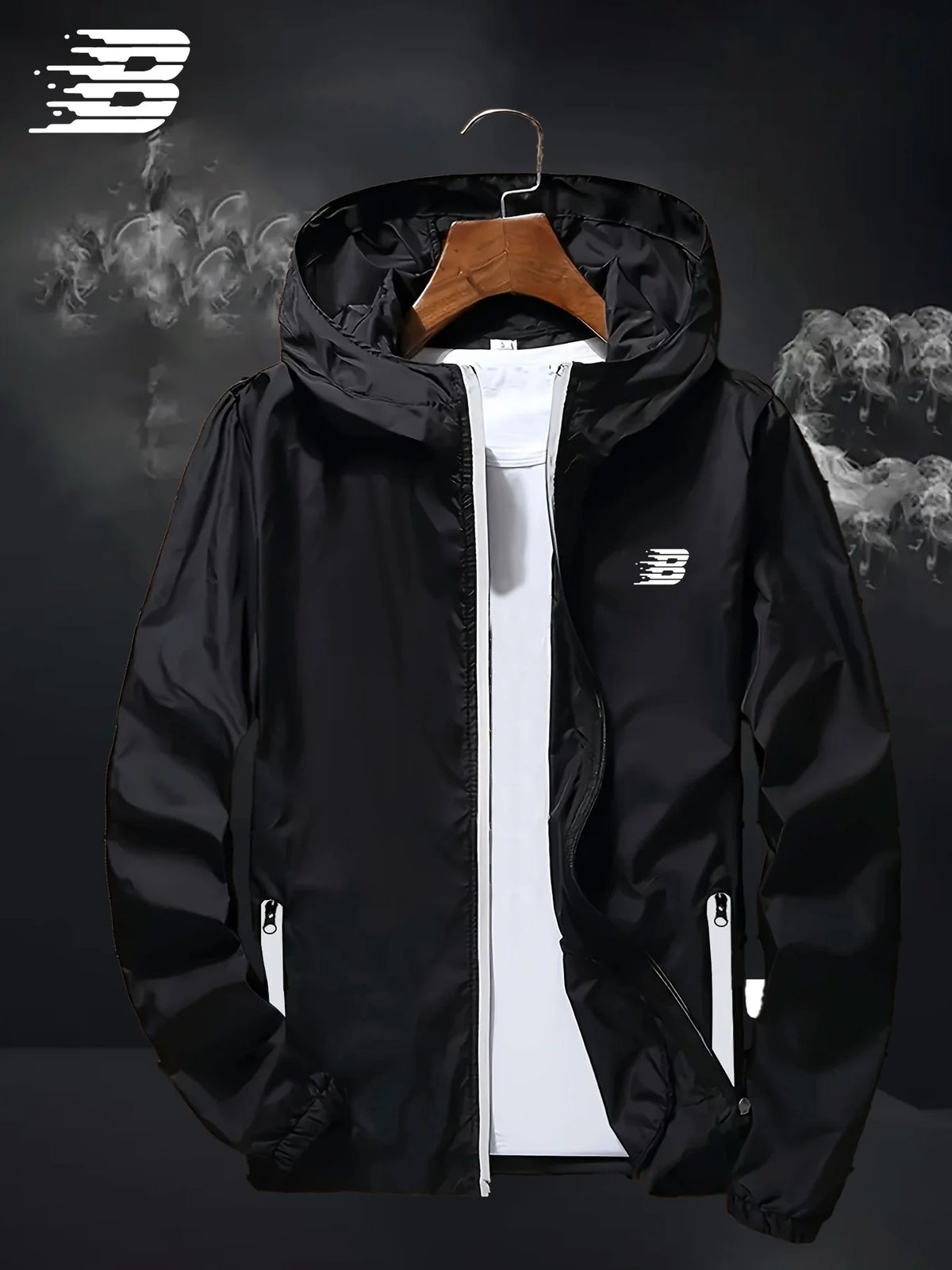 Mens B Logo Hooded Windbreaker Jacket Lightweight Waterproof Windproof Casual Outdoor Sports Hiking Cycling Long Sleeve Coat