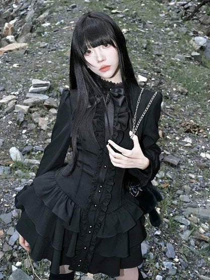 Y2K Lolita Dress - Gothic Mini Patchwork Lace Vintage Black Ruffle Slim Fit