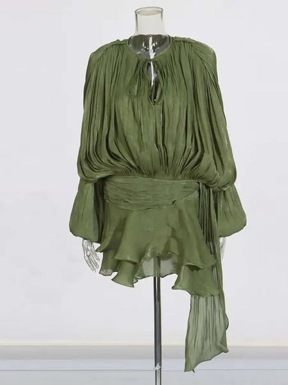 Mini Blouse Dress - Women's V Neck Long Sleeve Lace Up Sweet Style Above Knee