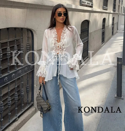 KONDALA Chic Lace Crochet Splicing See-through Shirts Women Elegant Leisure Lace-up Shirts 2026 Summer Trendy Lady Ruffles Shirt