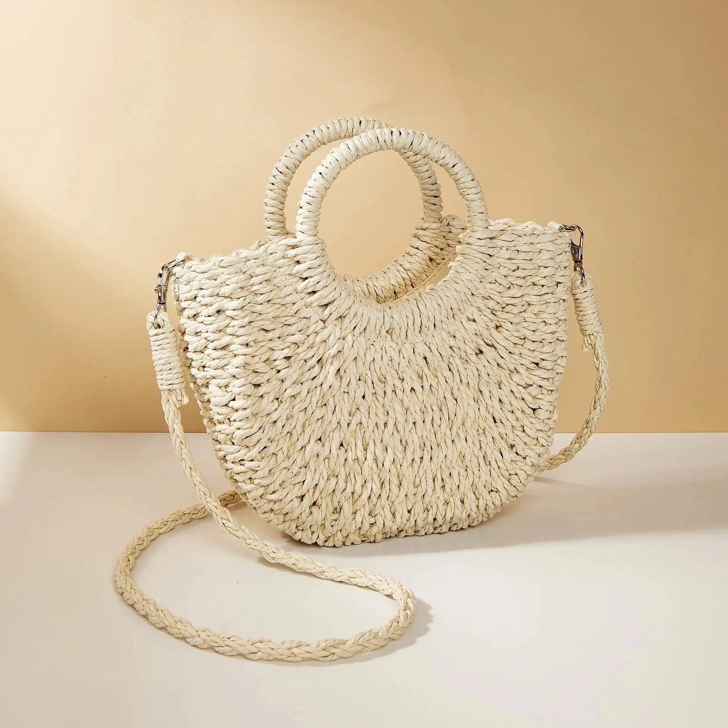 Straw Rattan Handbag – Large Capacity Half Moon Purse | Hollow Out Shoulder Bag