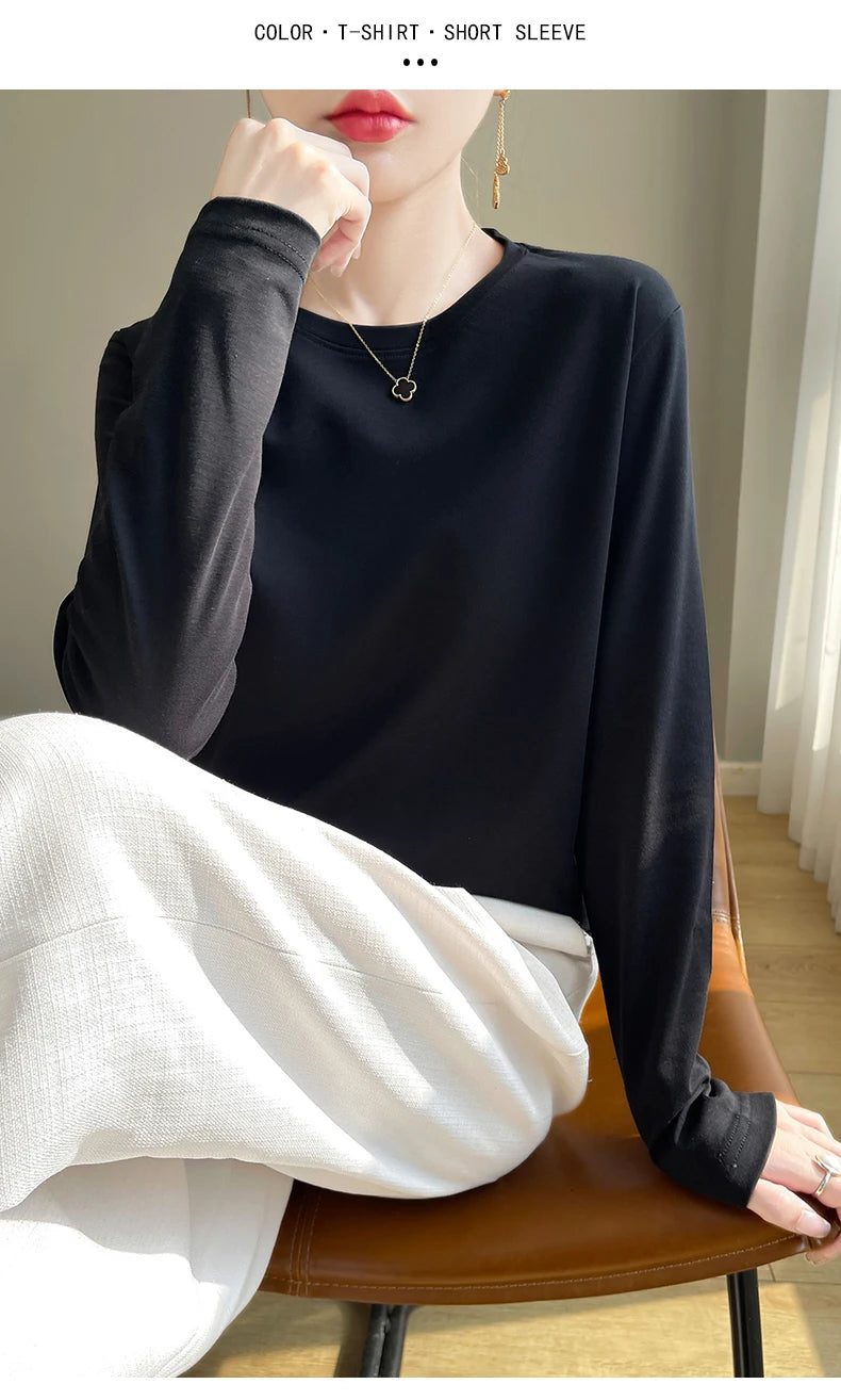 100 Cotton Womens Long-Sleeved Round Neck T-Shirt - Loose Bottoming Top for Spring  Autumn