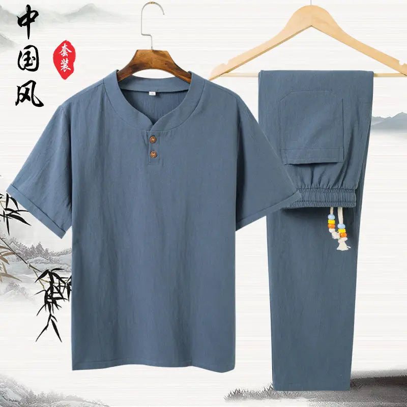 Linen Cotton T-shirt Men's Set Chinese Style Short Sleeve Sportswear +trousers 2 Piece Sets Summer Men Tracksuit Solid Suit