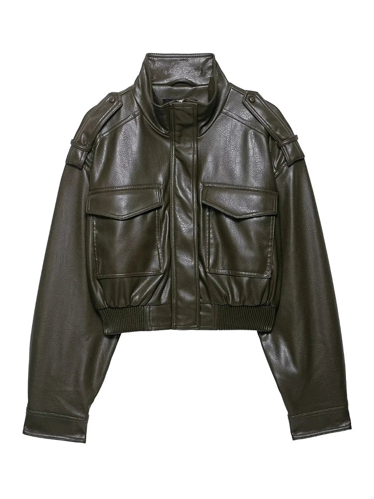 Faux Leather Jackets - Women's Casual Zipper Outerwear Coats With Turtleneck Collar