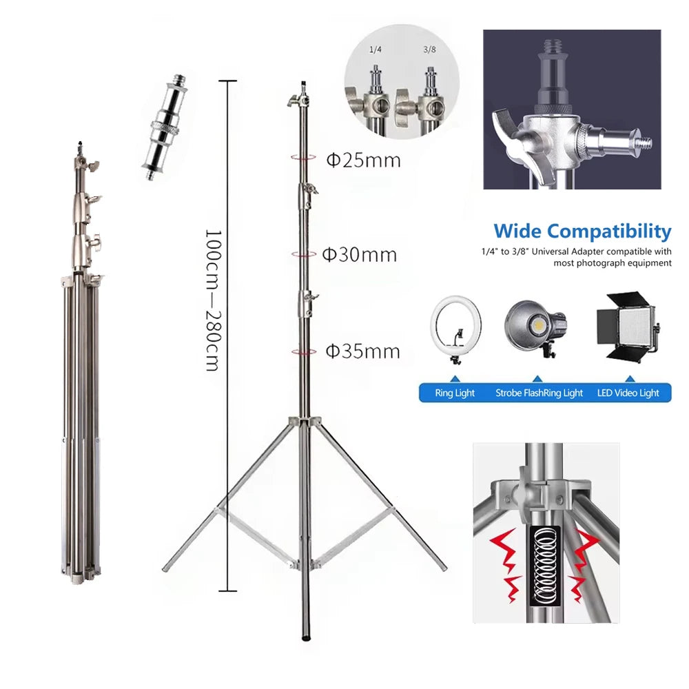 Stainless Steel Tripod 2.8m Heavy Duty Light Stand With 1/4, 3/8 Conversion Head for Studio Softbox Photographic Equipment
