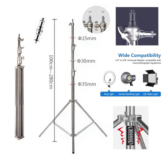 Stainless Steel Tripod 2.8m Heavy Duty Light Stand With 1/4, 3/8 Conversion Head for Studio Softbox Photographic Equipment