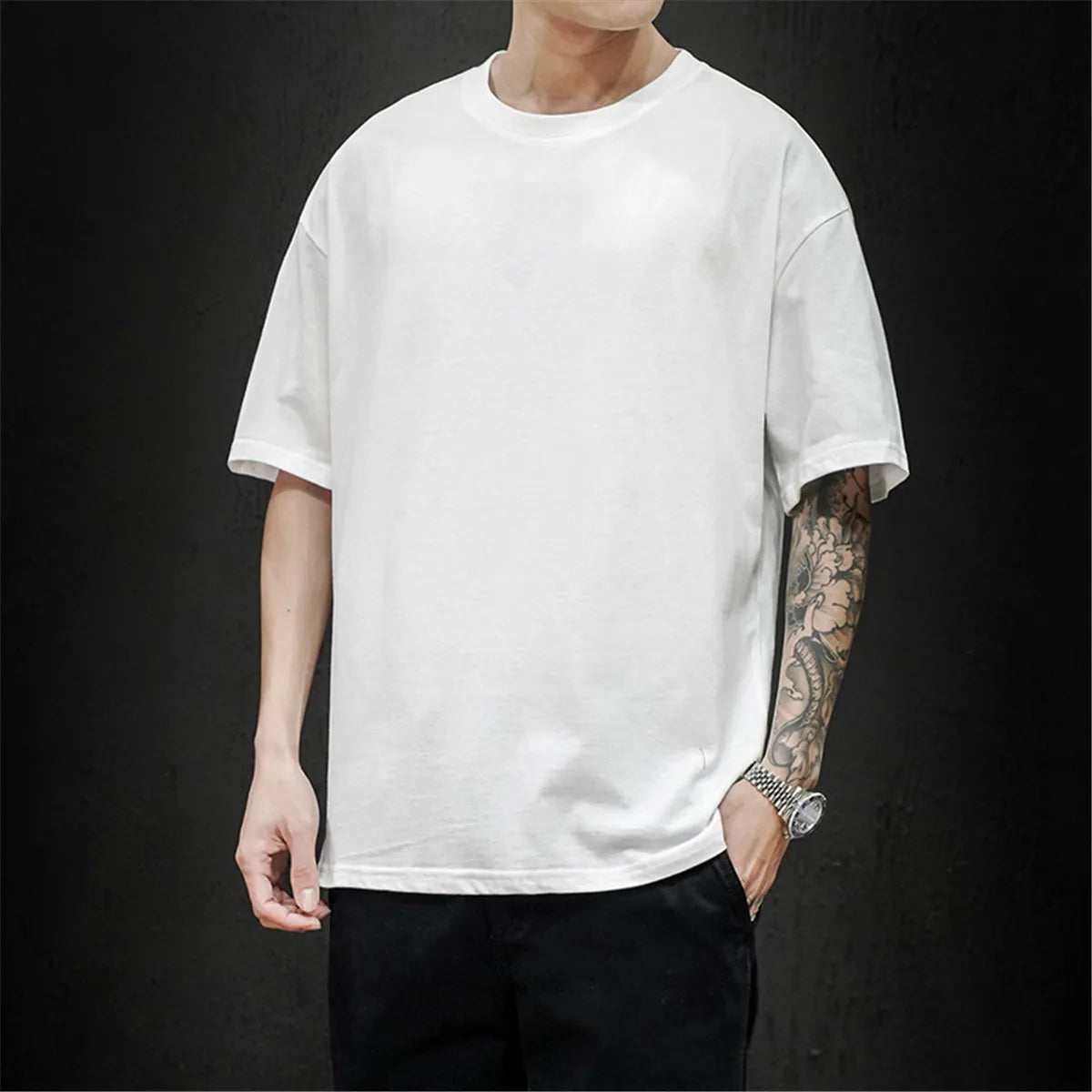 Cotton Summer Fashion Men's T Shirt Casual Solid Short Sleeve Classical Tee Mens 100% Cotton Korean Hip-Hop Top Tees Black White