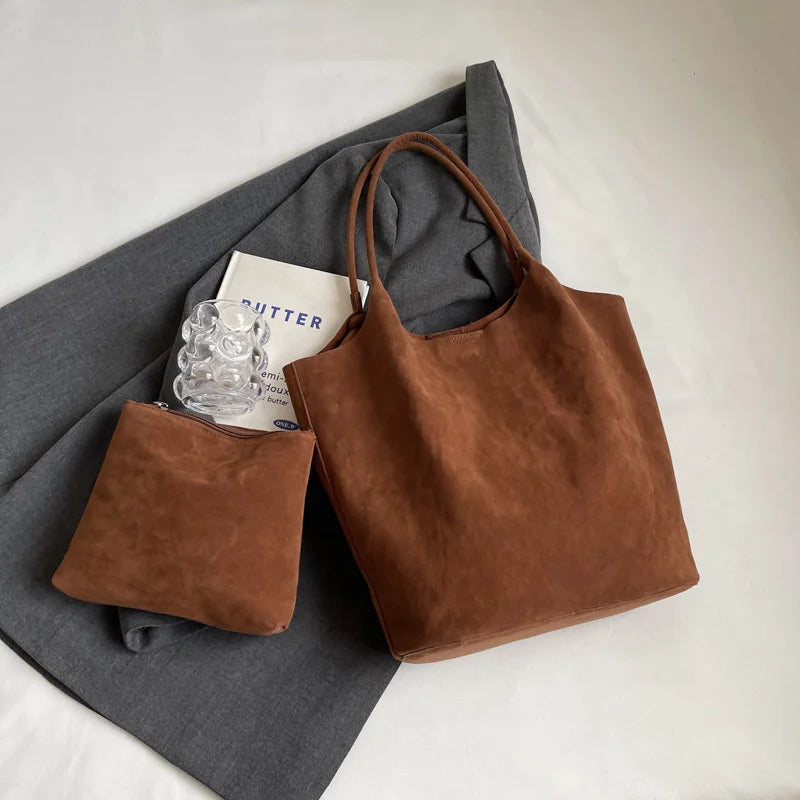 Women's Suede Shoulder Bag - High Capacity Casual Tote With Zippered Purse & Cell Phone Pocket