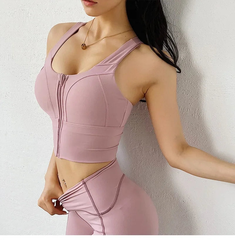 Front Zipper Sports Bra - Women's Athletic Crop Top, Push Up Wireless Fitness Tank