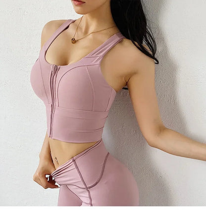 Front Zipper Sports Bra - Women's Athletic Crop Top, Push Up Wireless Fitness Tank