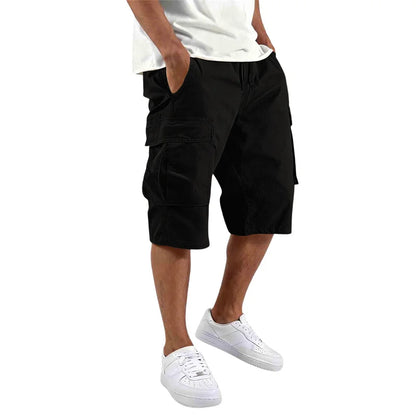 2026 Summer men loose straight pants Casual multi-pocket Shorts pure color fashion Men Shorts drawstring daily cargo short pants
