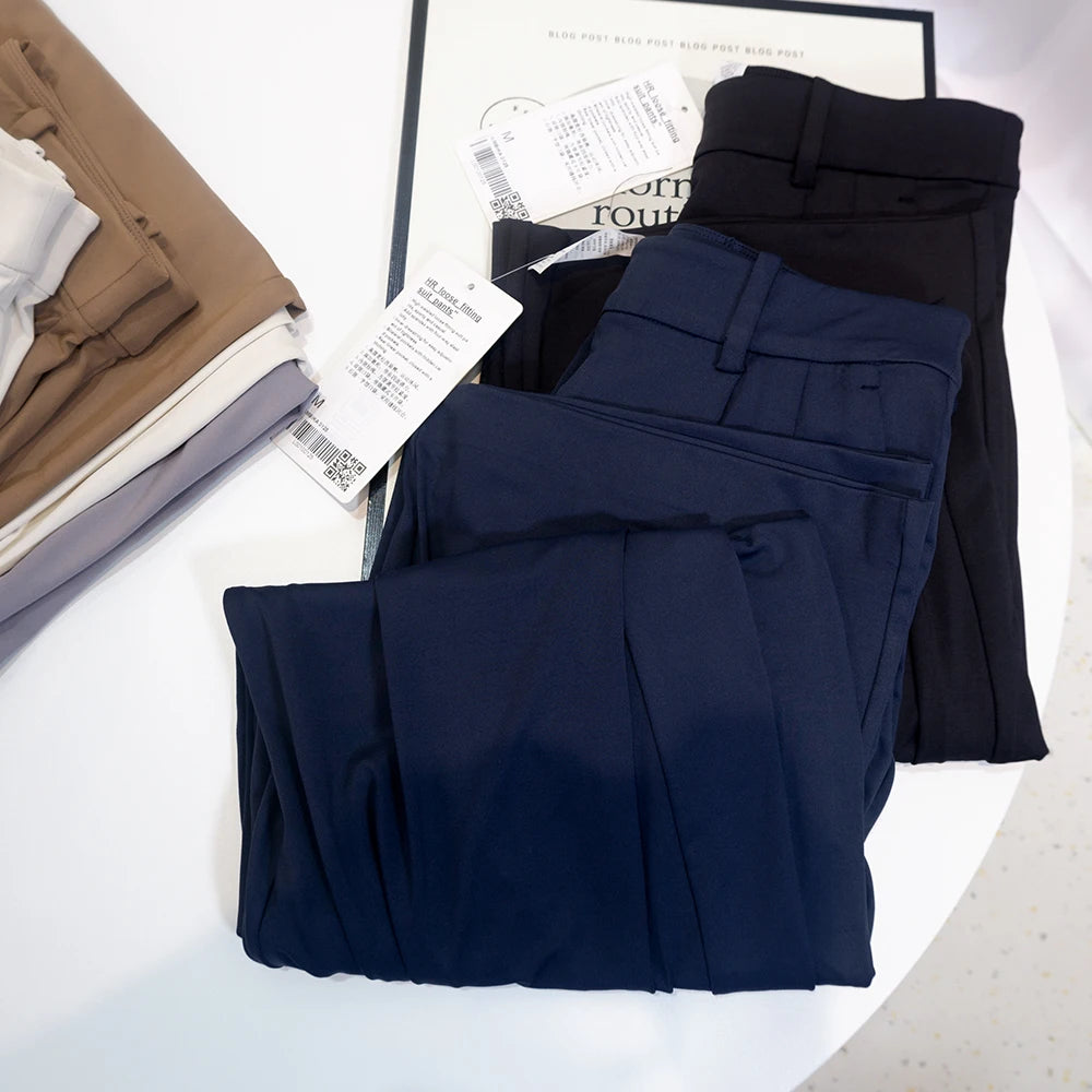 Pocketed suit pants with pleats, cool feeling, versatile wide-legged, long pants, casual, straight-cut, elastic waist