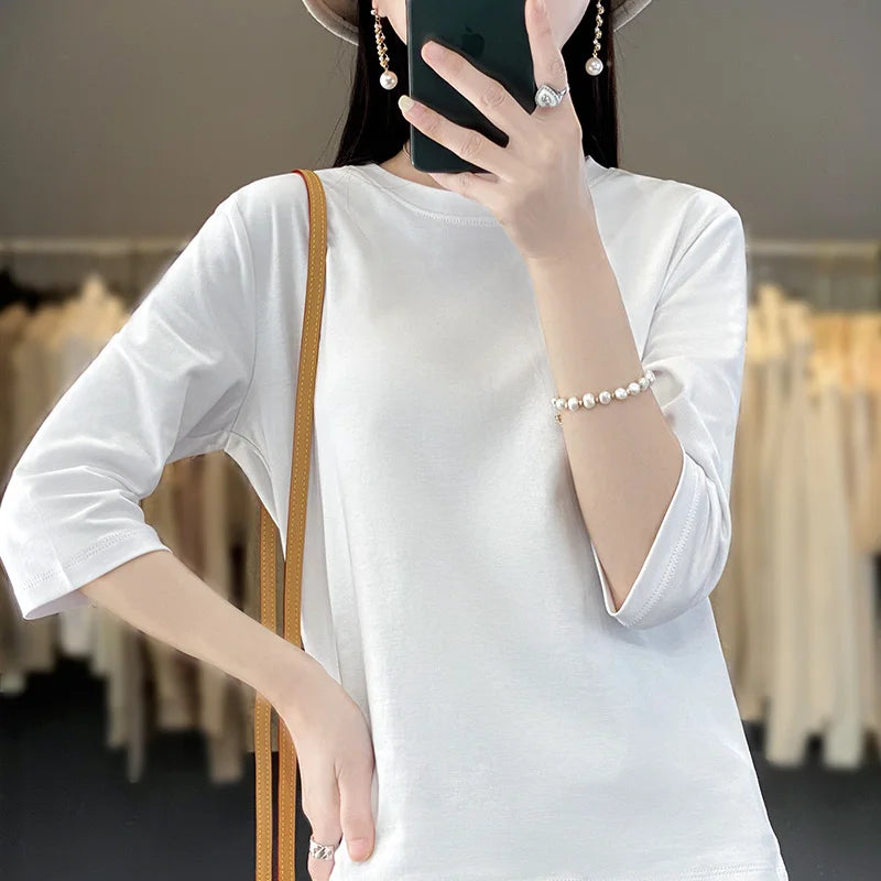 Cropped Mercerized Cotton T-Shirt - 100 Cotton Short Sleeve for Spring  Summer 2023