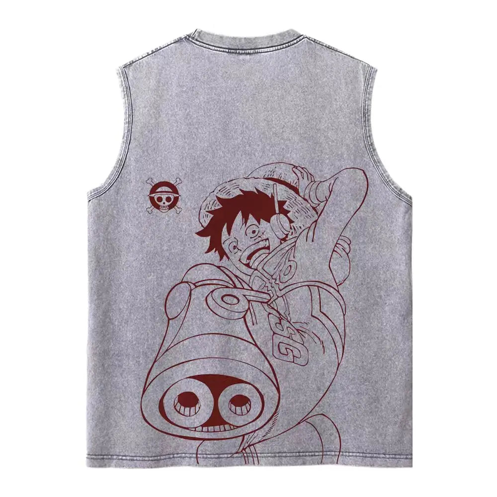 Harajuku Retro Sleeveless T-Shirts Streetwear Vintage Washed Anime One Piece Graphic Print Men Vest Tops Tees Retro Oversize