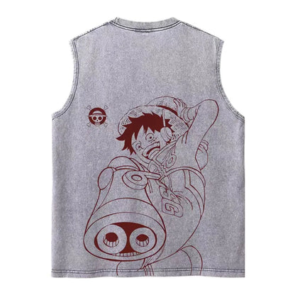 Harajuku Retro Sleeveless T-Shirts Streetwear Vintage Washed Anime One Piece Graphic Print Men Vest Tops Tees Retro Oversize