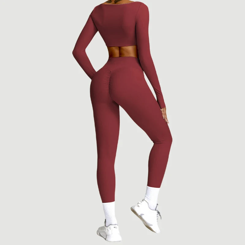 Women Yoga Suit - Quick Dry Gym Tracksuit With Long Sleeve Top & High Waist Leggings