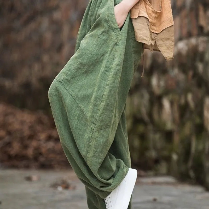 Elegant Women's Cotton Linen Baggy Cargo y2k Pants Vintage Elastic Waist Trousers Loose Casual Long Wide Leg Oversize Clothes