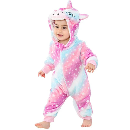 Baby Winter Rompers - Soft Polyester Hooded Jumpsuit With Animal Pattern, Machine Washable