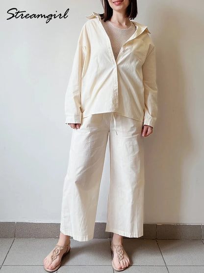 Streamgirl Linen Pants Sets For Women Summer Suits Pink Two Piece Trouser Women's Suit Sets Linen Shirt Set Oversize Outfit Suit