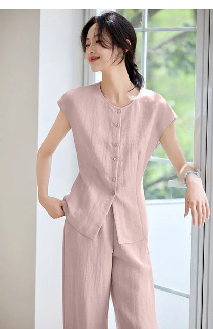 SENTUBILA Women's Linen Trouser Suit Summer Two Pieces Matching Set Women Button Shirt Straight Pant Sets 2026 Outfits 152ZA0094
