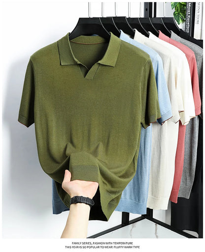 100%  Lyocell Knitwear 2025 Men Spring Summer Trendy Turn Down Collar Knit Tees Short Sleeve Breathable Knit Tops