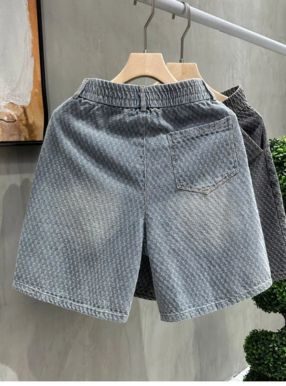Men's Denim Shorts - Retro Jacquard Washed Casual Summer Five-Minute Pants