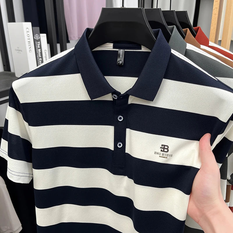 Men's Golf Polo Shirt with Collar, Short Sleeves and Wide Stripes – Breathable Summer Casual Business T-shirt
