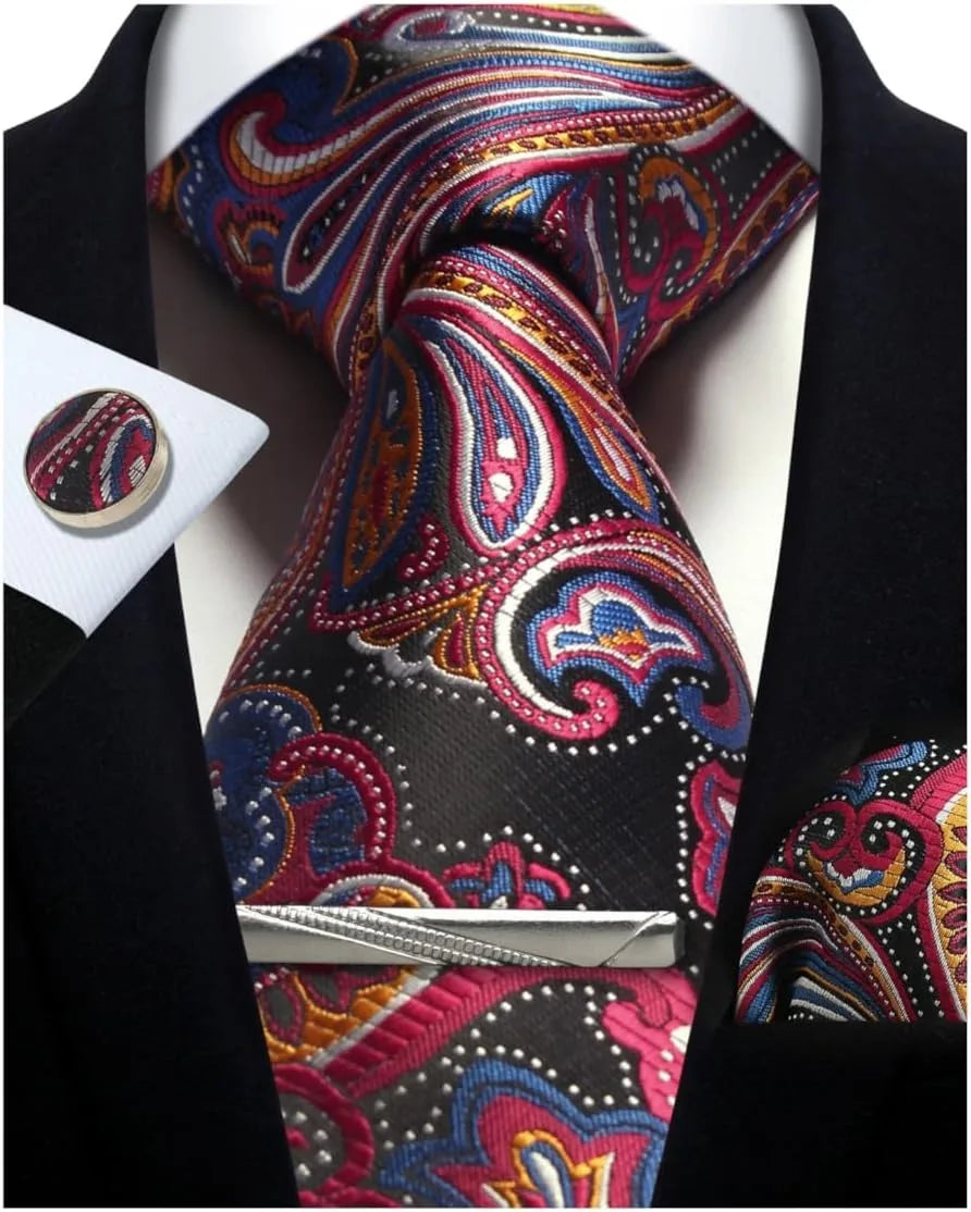 Mens Silk Tie Set - Silver Paisley Necktie with Pocket Square  Cufflinks for Formal Events