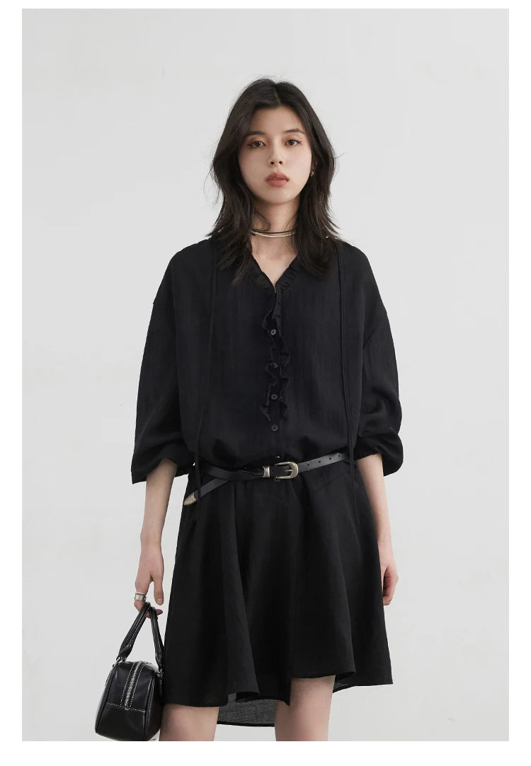Women Loose Dress - Casual V-Neck Long Sleeve A-Line Knee Dress With Ruffled Lantern Sleeves