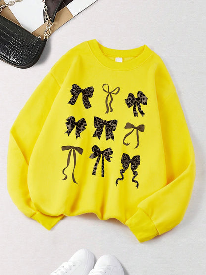 Retro Leopard Print Bow Printed Women Hoodies All-Match Fleece Casual Clothes Street Pullover Winter Autumn Woman Clothing