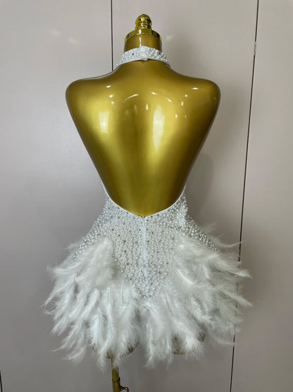 Backless Halter Dress - Women's Party Mini Sheath With Rhinestone & Feather Details
