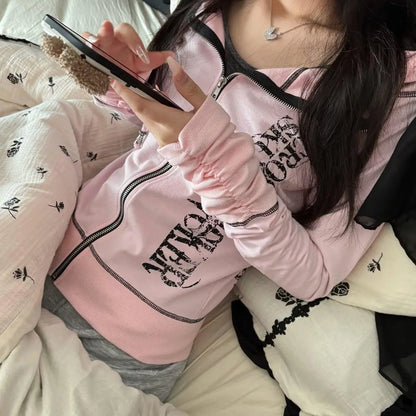 Harajuku Y2k Gothic Hooded Coat Women 2025 Autumn New Casual All-match Jackets Subcultural Japanese Black Tops Mujer Sweatshirt