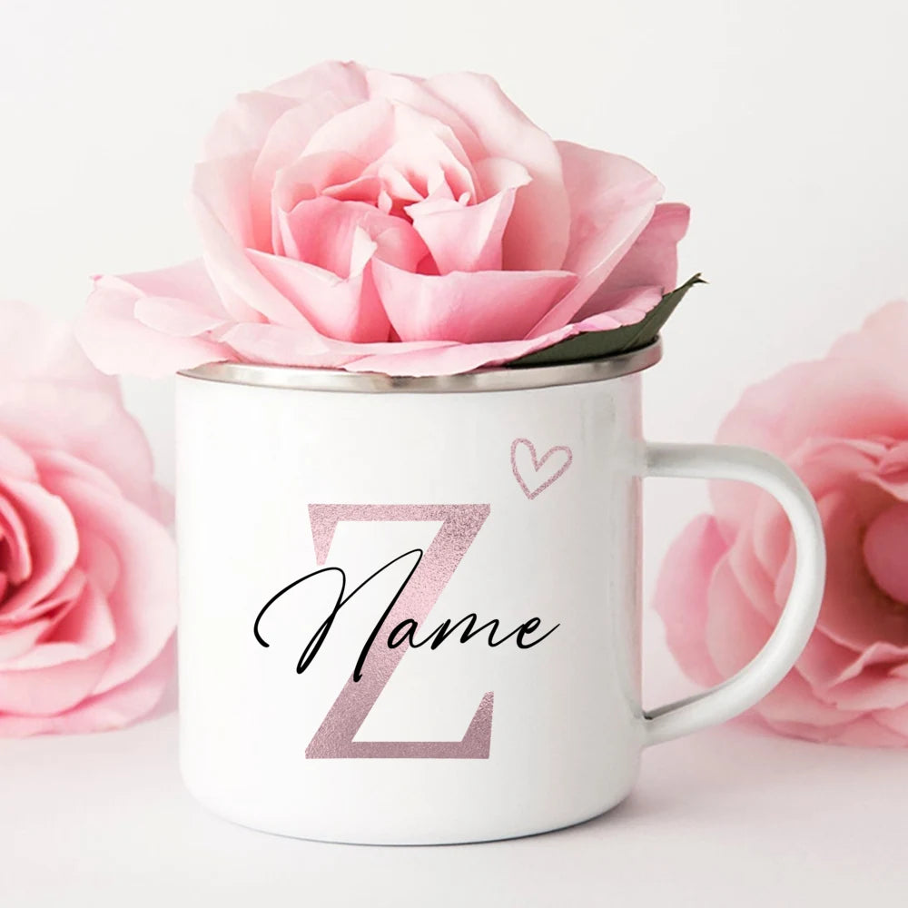 Personalized Coffee Mug - Custom Name Heart Initial Enamel Cup | Bridesmaid Gift