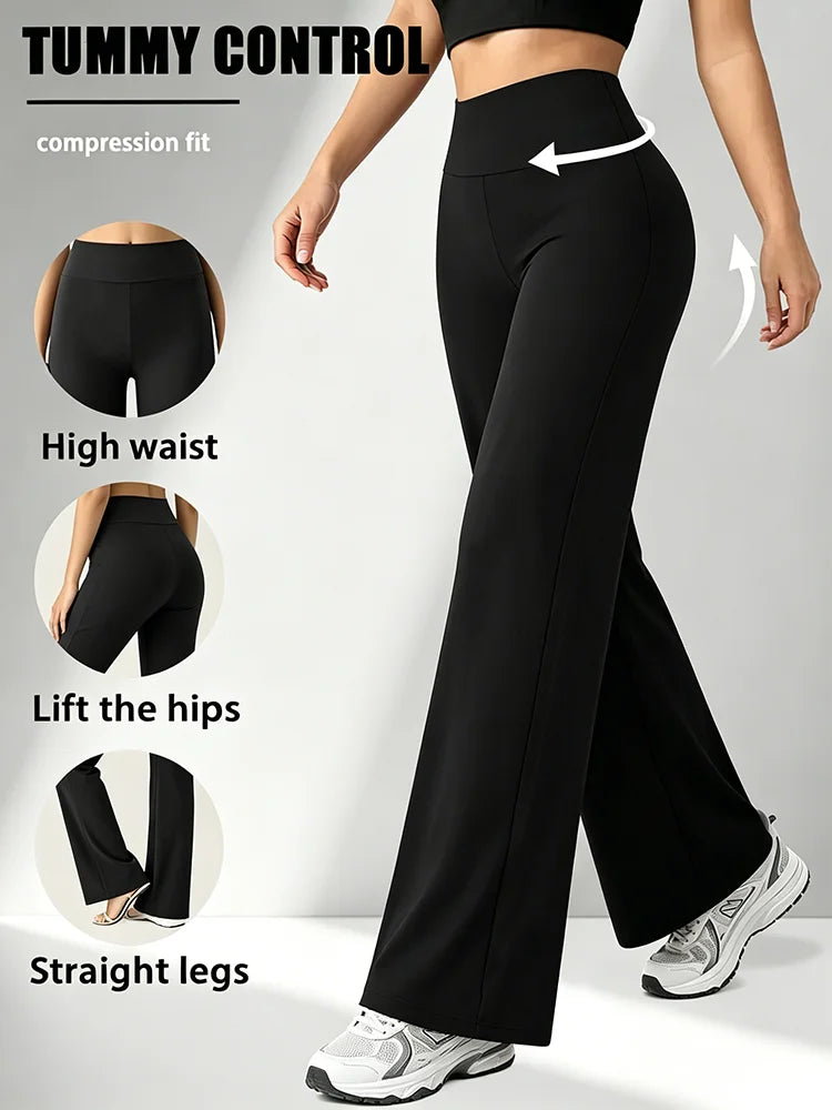 Women's High-Waisted Wide-Leg Workout Pants, Black Classic Yoga Pants, Straight-Leg Jogging Pants, for Fitness and Daily Casual