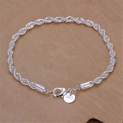 High Quality 925 Silver 4MM Women Men Chain Male Twisted Rope Necklace Bracelets Fashion Silver Jewelry Set