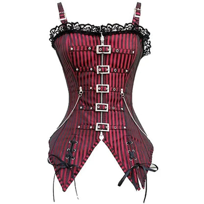 Sexy Women Gothic Corset & Bustier Striped Zip Buckled Steampunk Overbust Corselet Top Vest Punk Rock Style Clothes