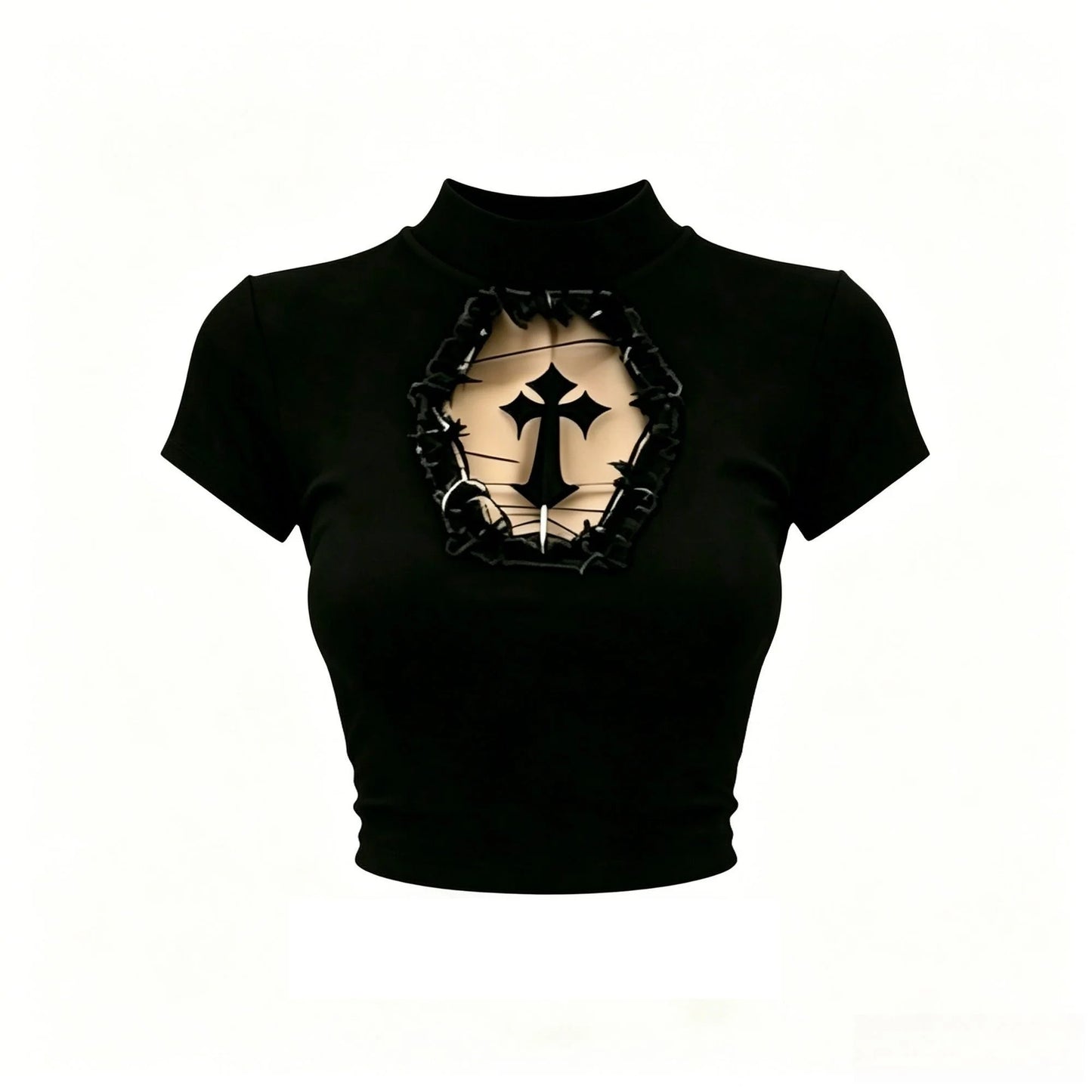 Turtleneck Top Y2k Clothes Black Gothic Cross Hollow Slimming Bottom TShirt Women Long Sleeve Sexy T-shirt Girls Tops Subculture