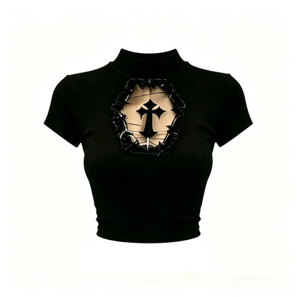 Turtleneck Top Y2k Clothes Black Gothic Cross Hollow Slimming Bottom TShirt Women Long Sleeve Sexy T-shirt Girls Tops Subculture